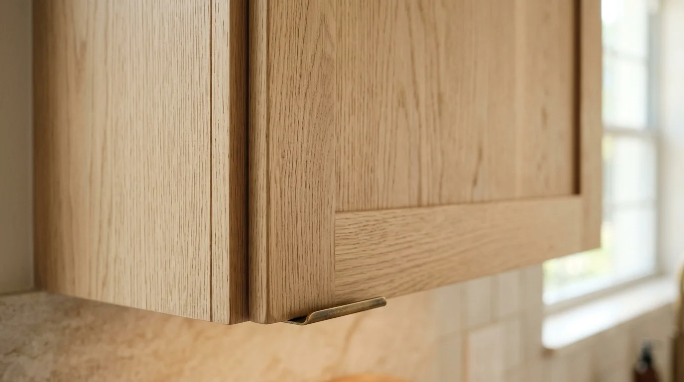 Close-up of rift-sawn white oak cabinet door with brushed brass pull and veined quartz countertop edge in Palm Beach County kitchen