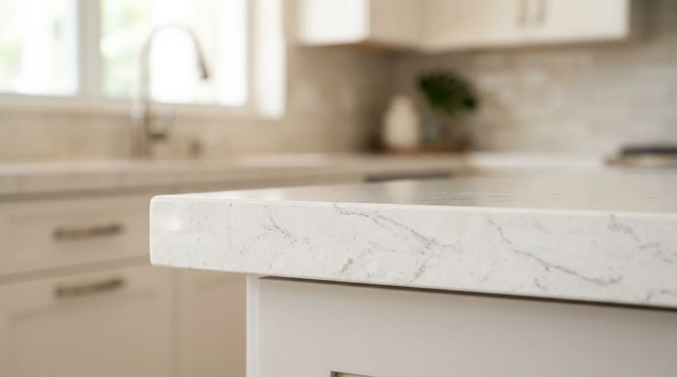Close-up of white marble-look quartz countertop with waterfall edge and brass faucet in a Palm Beach County kitchen