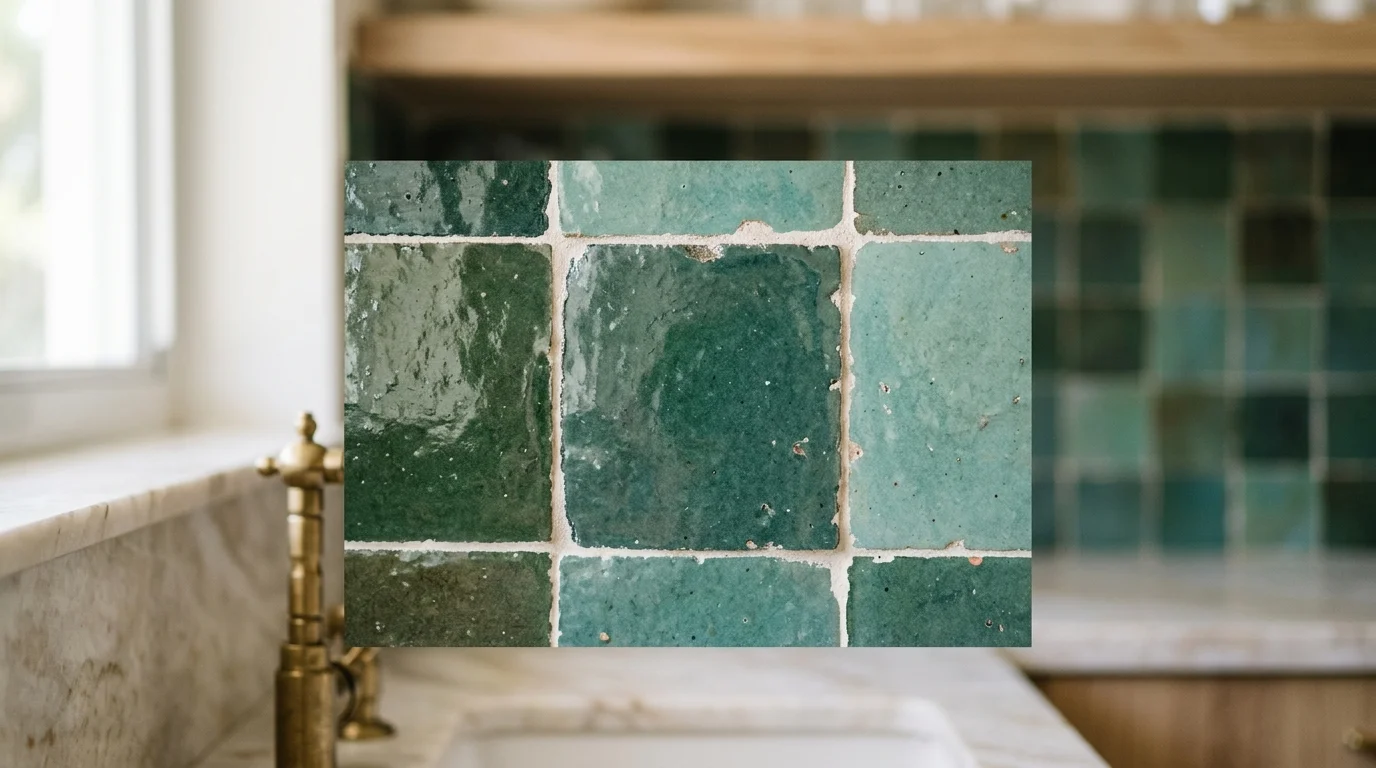 Close-up of handmade Moroccan zellige tile showing dimensional texture and glaze variation in a Palm Beach County shower