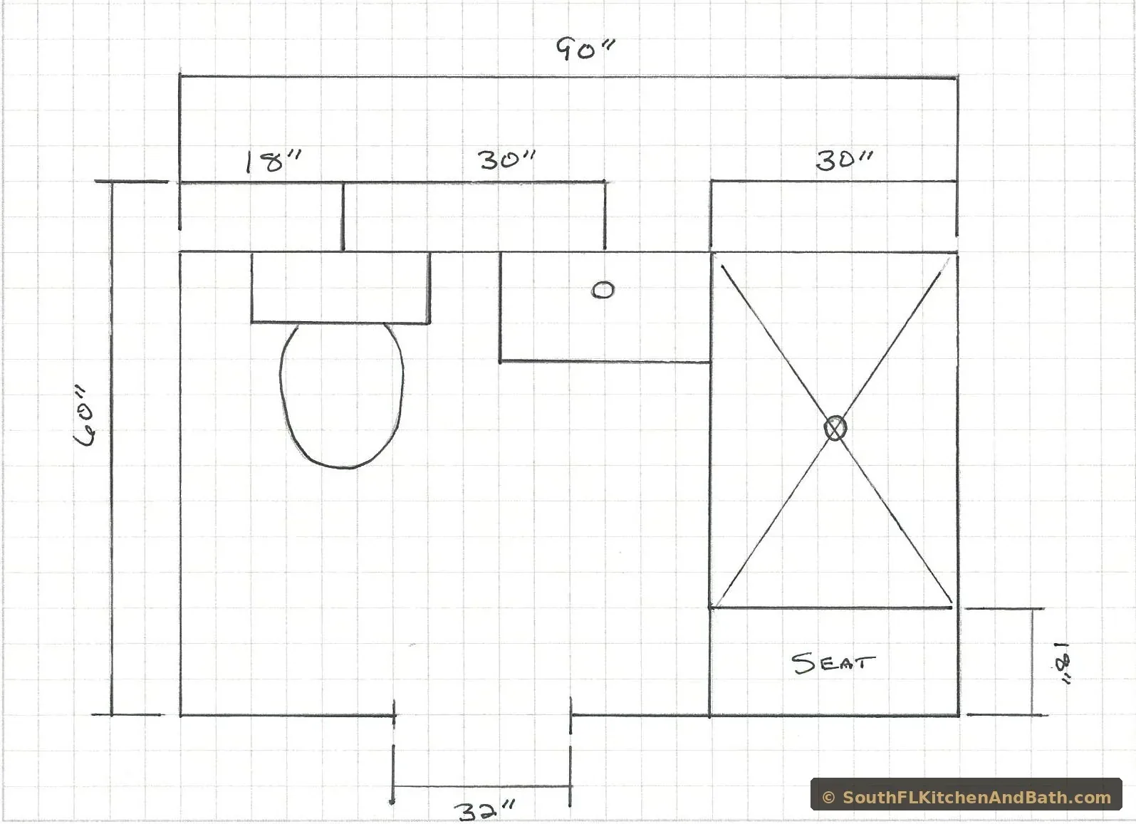 Bathroom floor plan measurement diagram example for Palm Beach County remodel — South Florida Kitchen and Bath Design