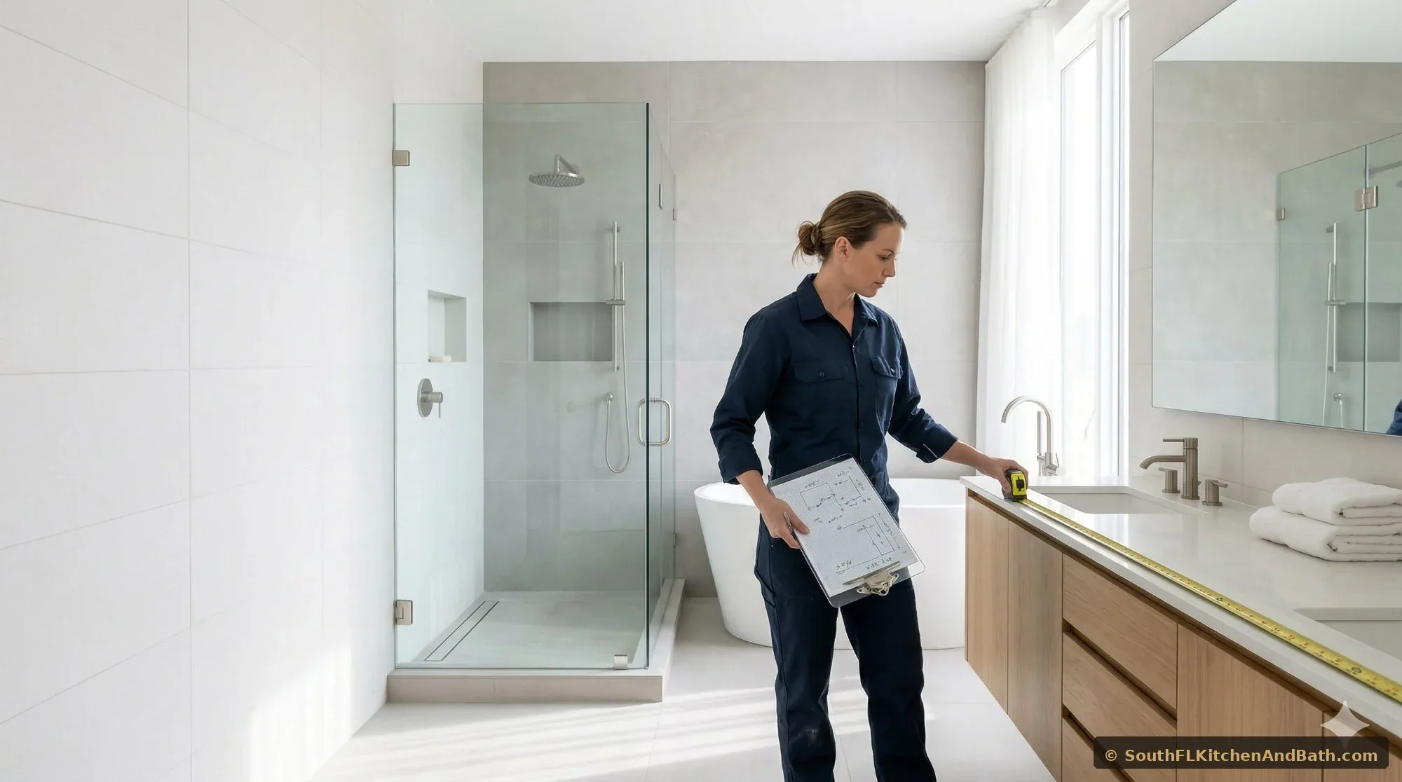 Professional measuring a bathroom for remodel in Palm Beach County — South Florida Kitchen and Bath Design