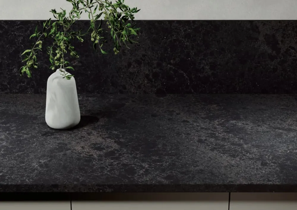 Darcrest Caesarstone quartz with brass hardware