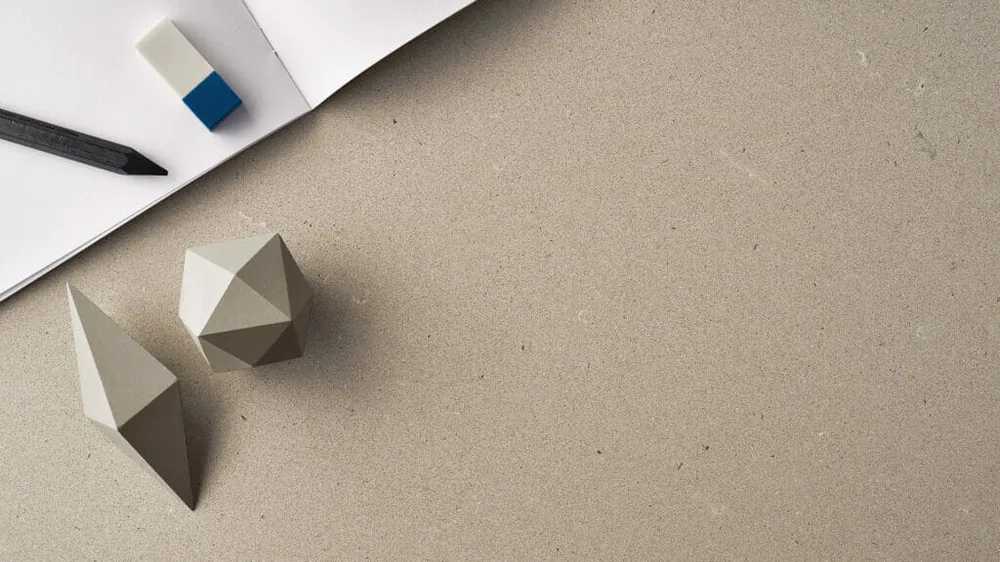 Raw Concrete Caesarstone quartz with brass hardware