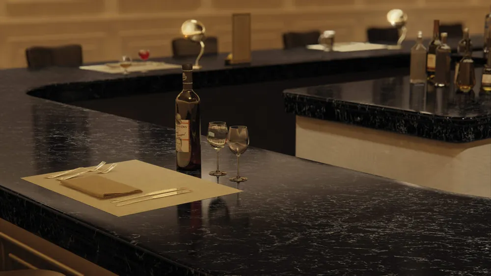 Vanilla Noir Caesarstone quartz with brass hardware