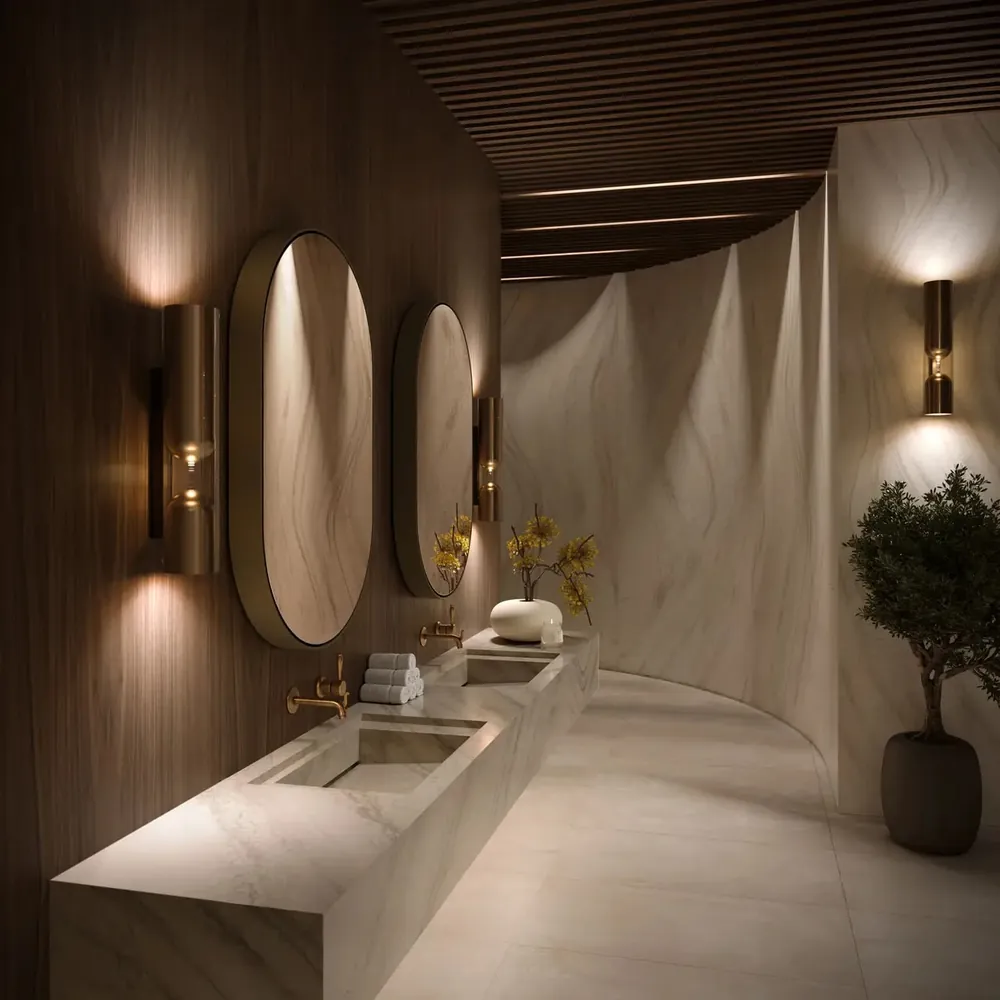 Everleigh Warm Cambria quartz with brass hardware