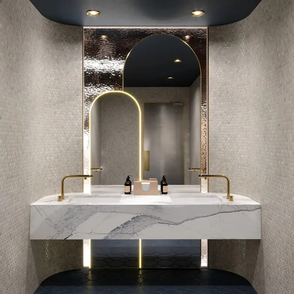 Windsor Steel Satin Ridge Cambria quartz with brass hardware