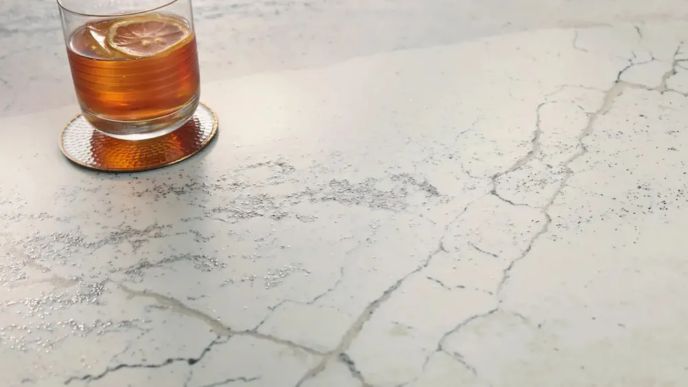 Windsor Steel Satin Ridge Cambria quartz waterfall edge