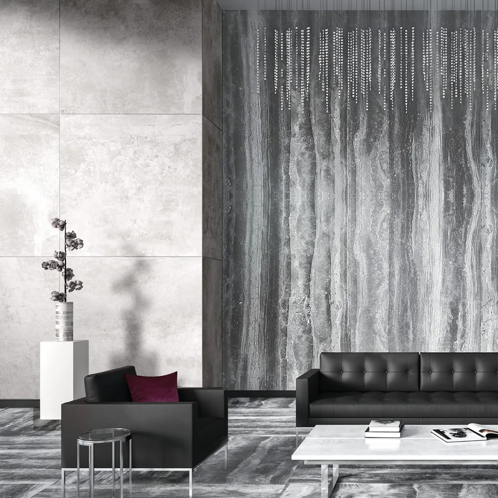 Blanc Daltile quartz / porcelain waterfall edge