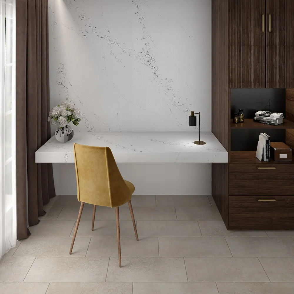 Calacatta Villa Daltile quartz / porcelain with brass hardware