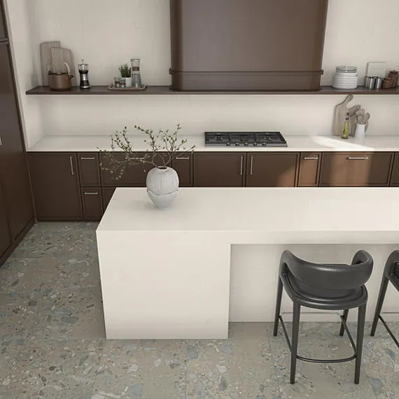 Carrara Roma Daltile quartz / porcelain with brass hardware