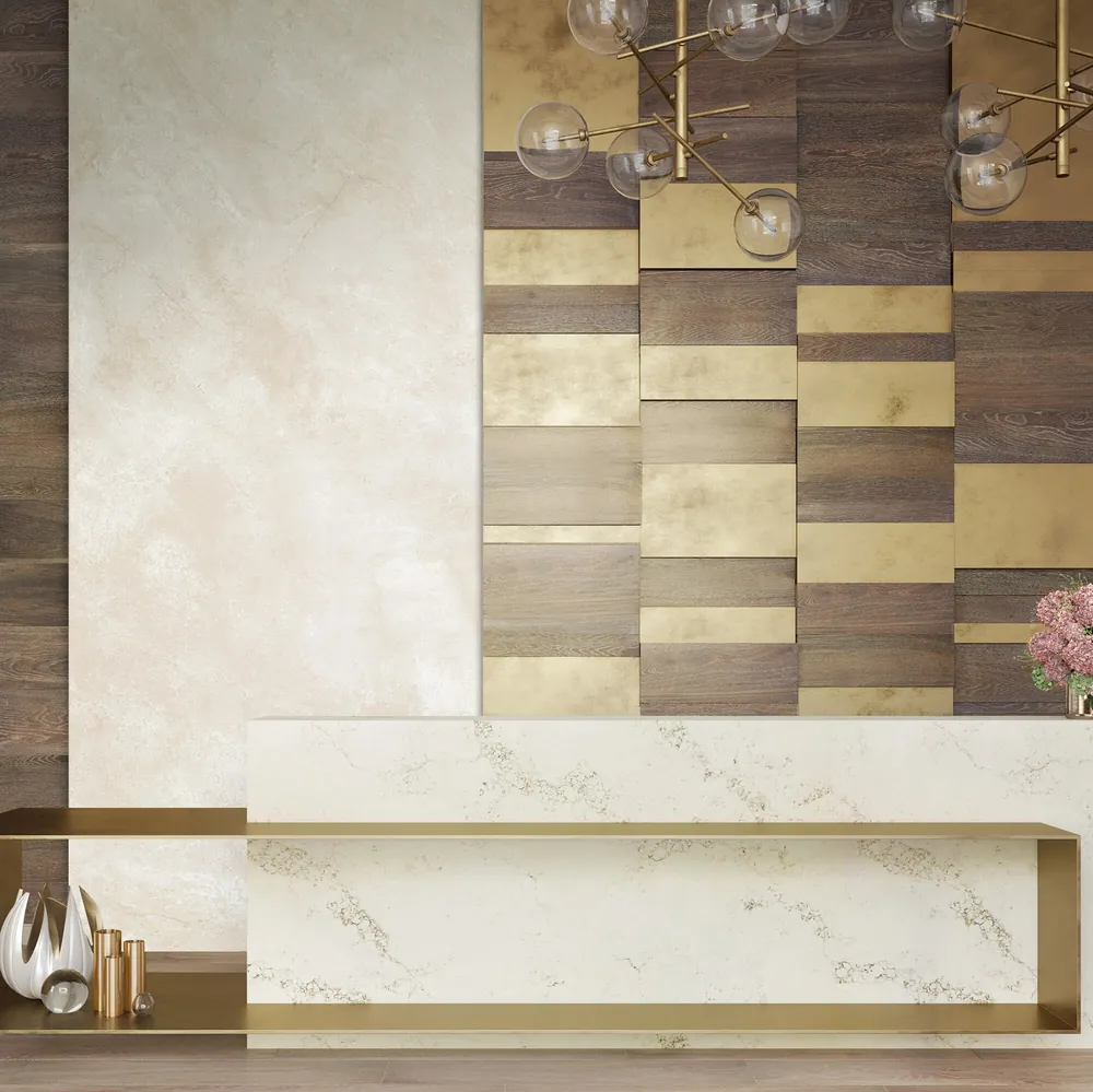 Marfil Daltile quartz / porcelain waterfall edge