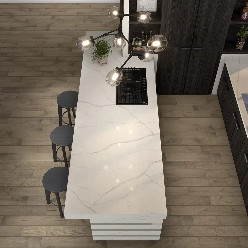 Monument White Daltile quartz / porcelain with brass hardware