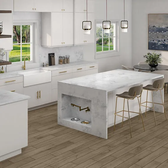 Morning Zen Daltile quartz / porcelain waterfall edge