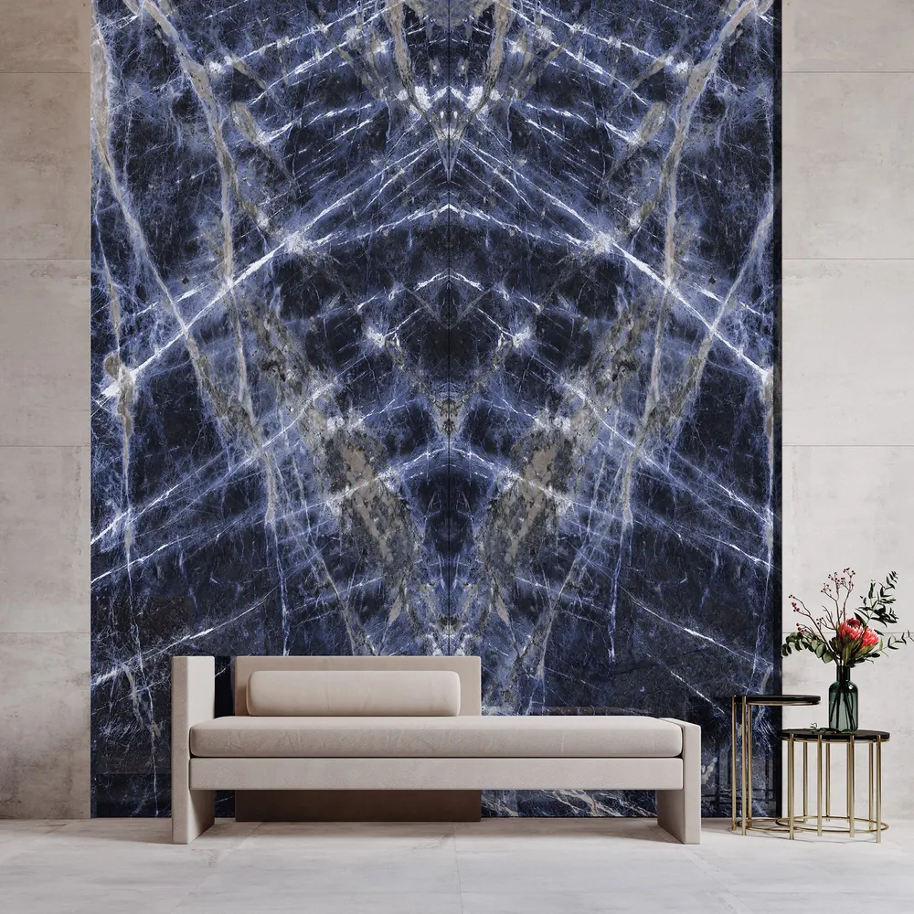 Sapphire Status Daltile quartz / porcelain waterfall edge