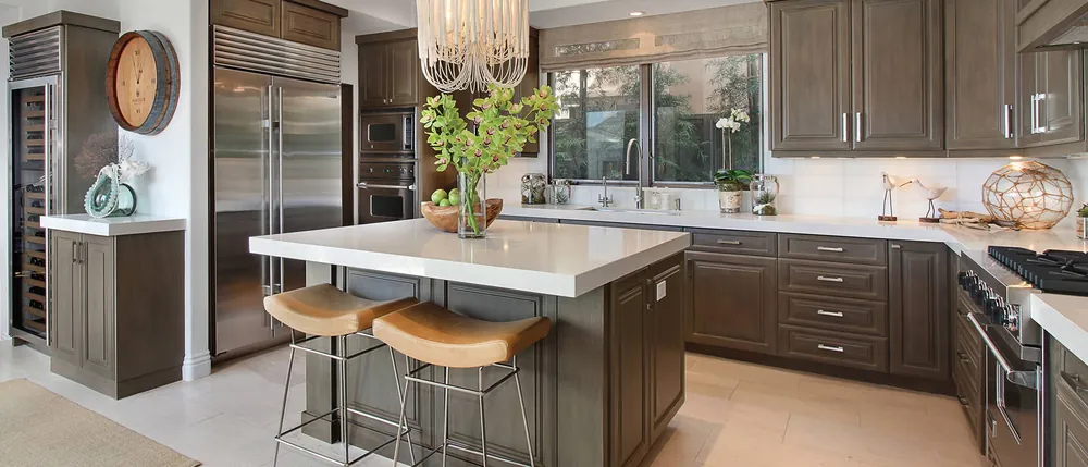Sedona Daltile quartz / porcelain with brass hardware