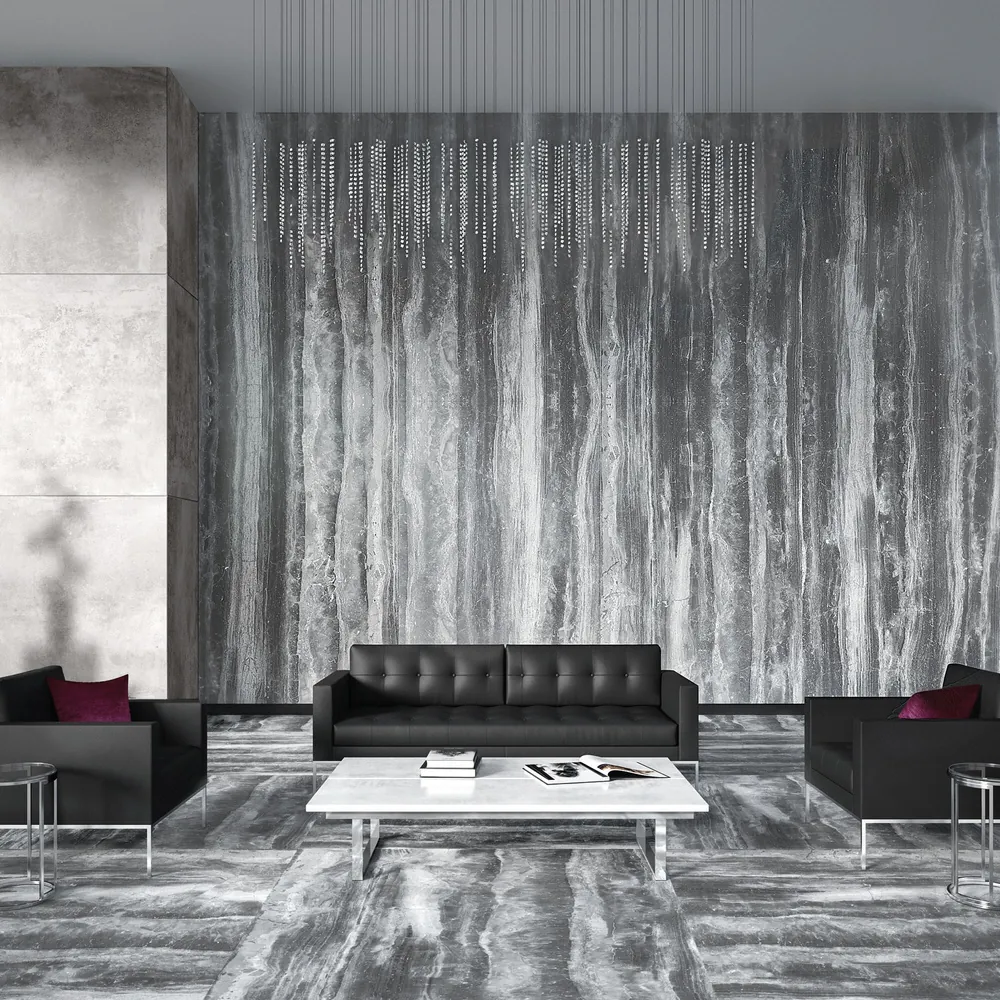 Titanium Grey Daltile quartz / porcelain with brass hardware
