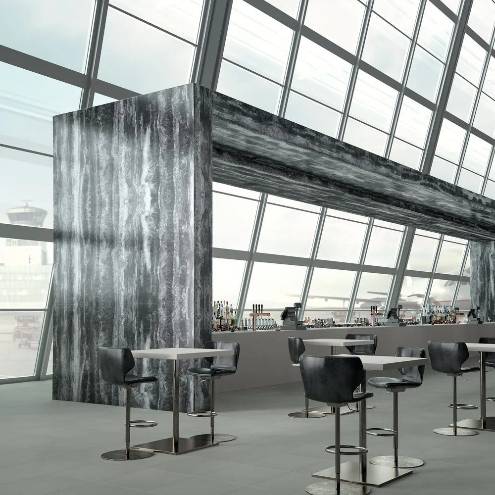 Titanium Grey Daltile quartz / porcelain waterfall edge