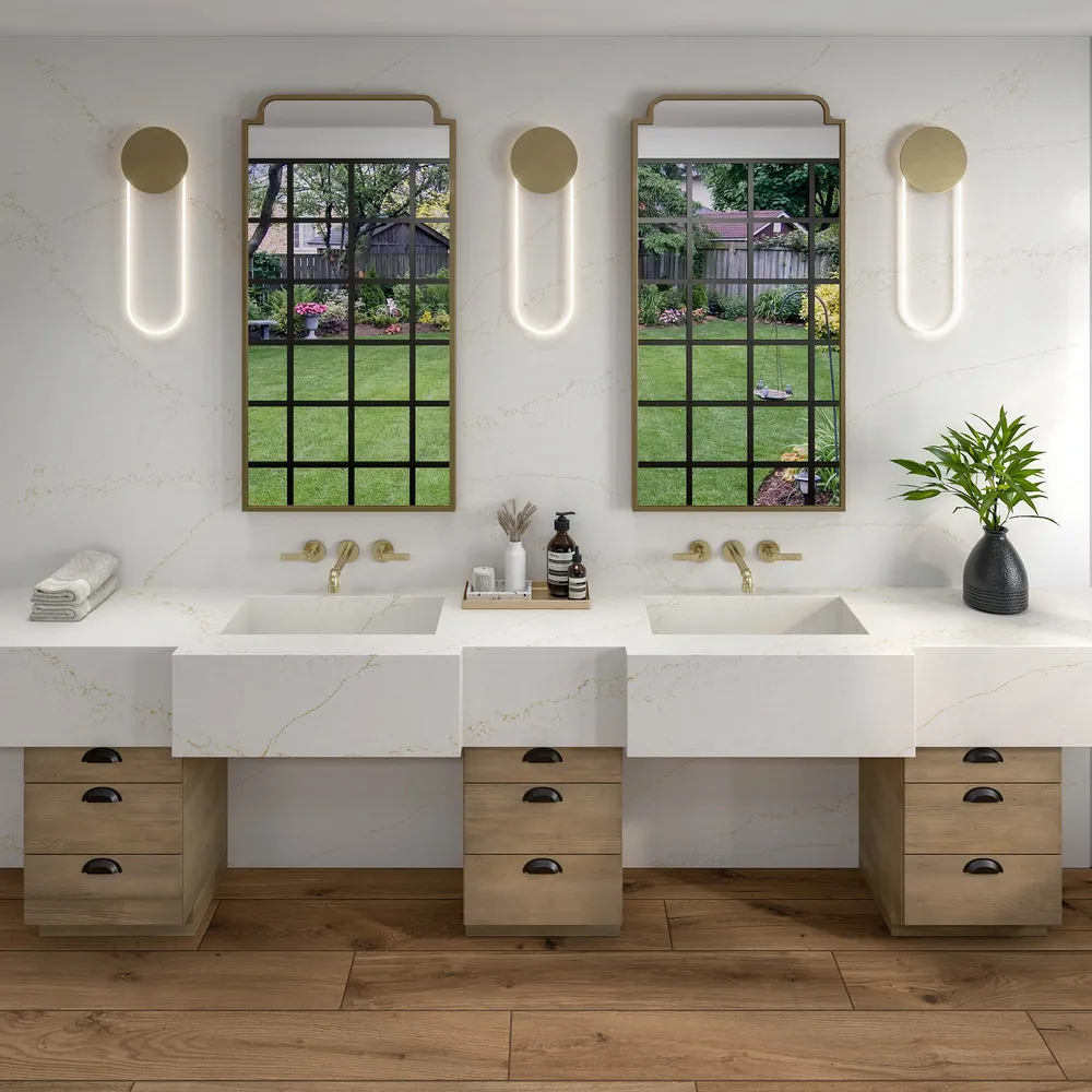 Valor Gold Daltile quartz / porcelain waterfall edge