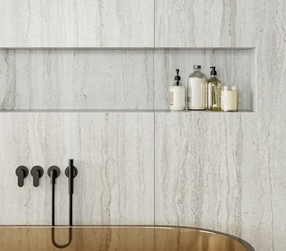Trevi Dekton sintered surface with brass hardware