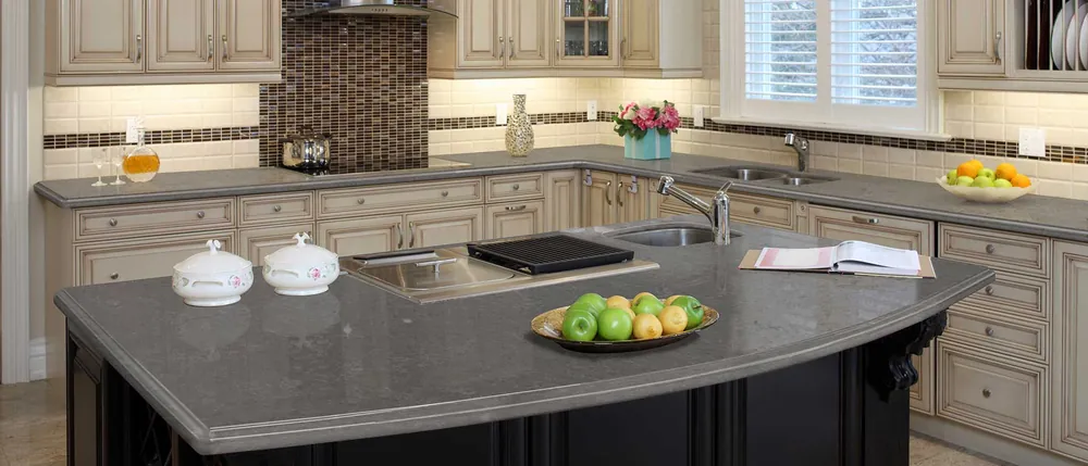 Babylon Gray - Concrete Finish MSI quartz with brass hardware