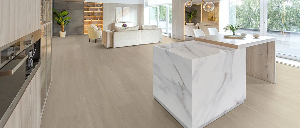 Calacatta Castana MSI quartz with brass hardware