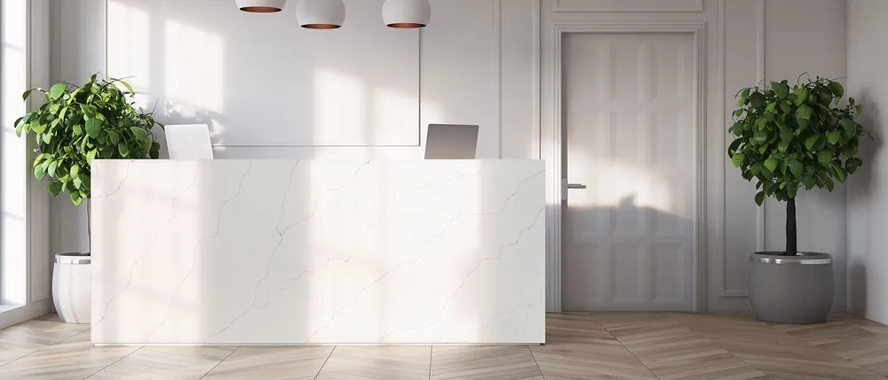 Calacatta Duolina MSI quartz with brass hardware
