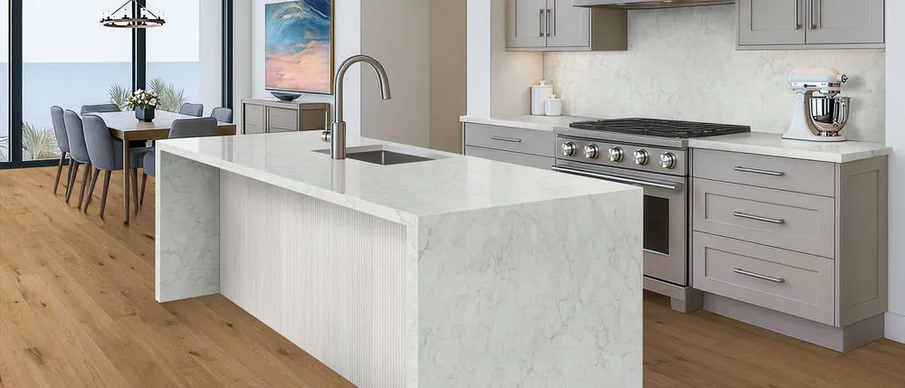 Calacatta Fioressa MSI quartz with brass hardware