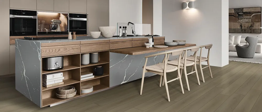 Calacatta Laza Grigio MSI quartz with brass hardware