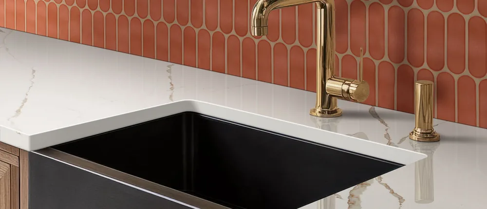 Calacatta Laza Oro quartz installed in a bright Palm Beach County kitchen