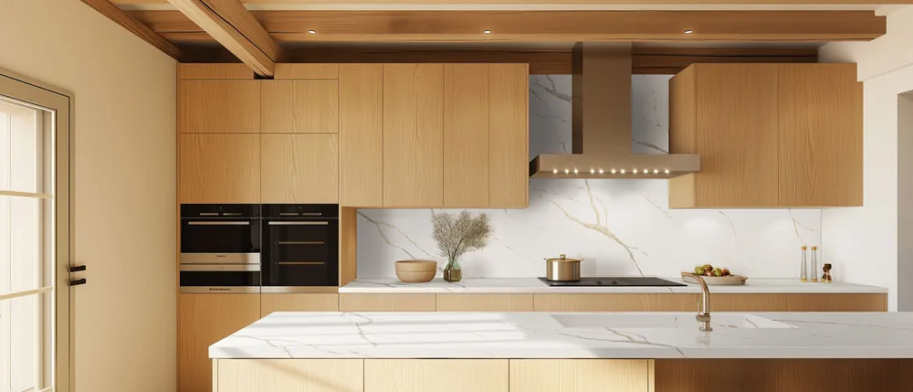 Calacatta Laza Oro quartz countertop with brass hardware