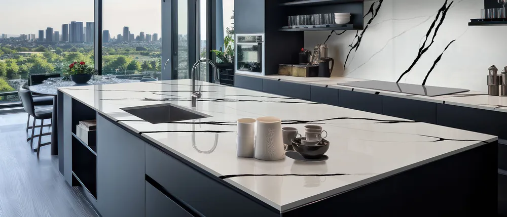 Calacatta Lumanyx MSI quartz with brass hardware