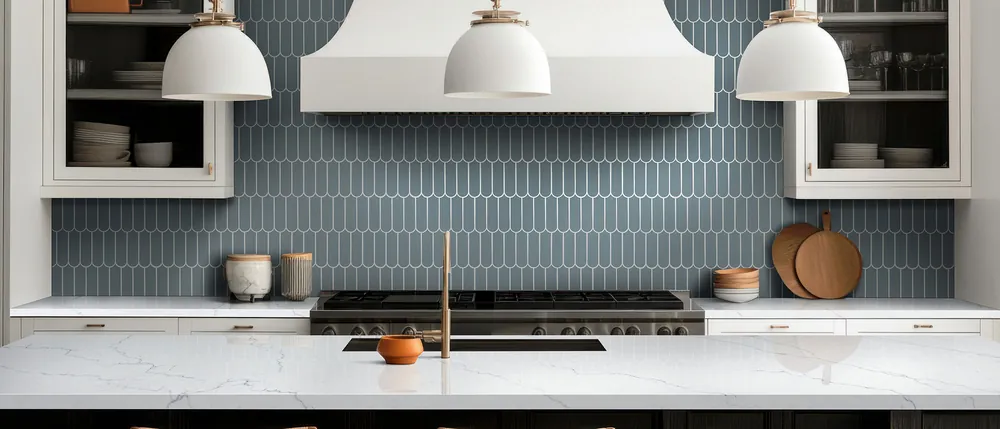 Calacatta Miraggio Cielo MSI quartz with brass hardware