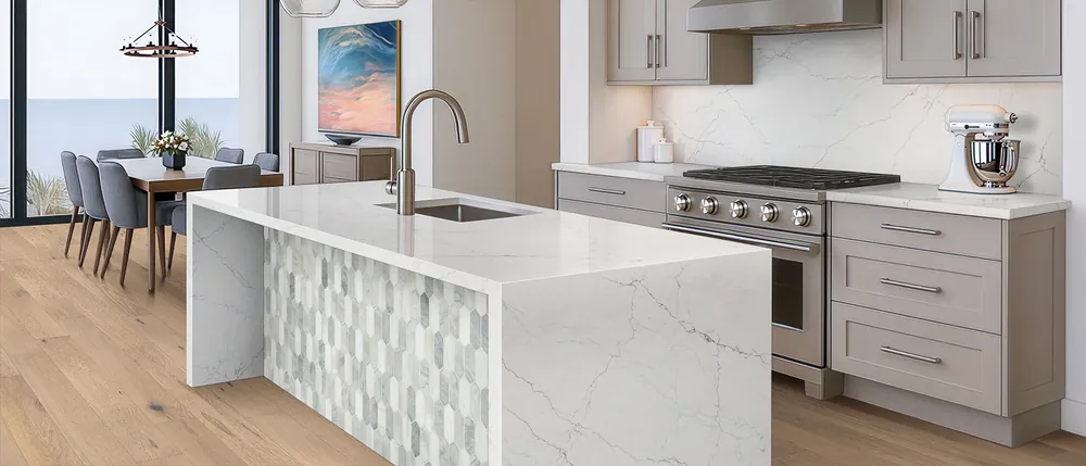 Calacatta Miraggio SeaGlass MSI quartz installed countertop