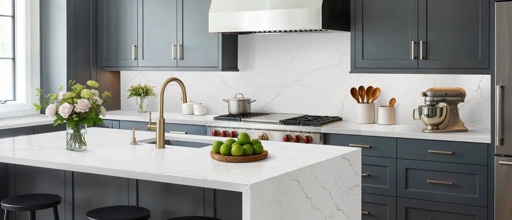 Calacatta Miraggio SeaGlass MSI quartz with brass hardware