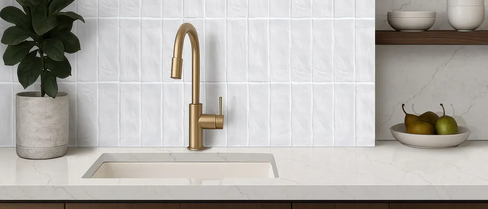 Calacatta Miraggio Sienna MSI quartz with brass hardware