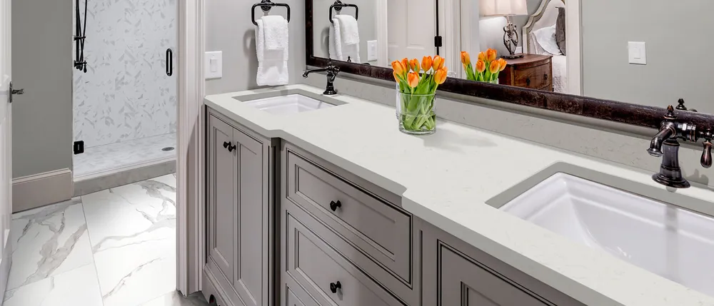Carrara Miksa MSI quartz with brass hardware