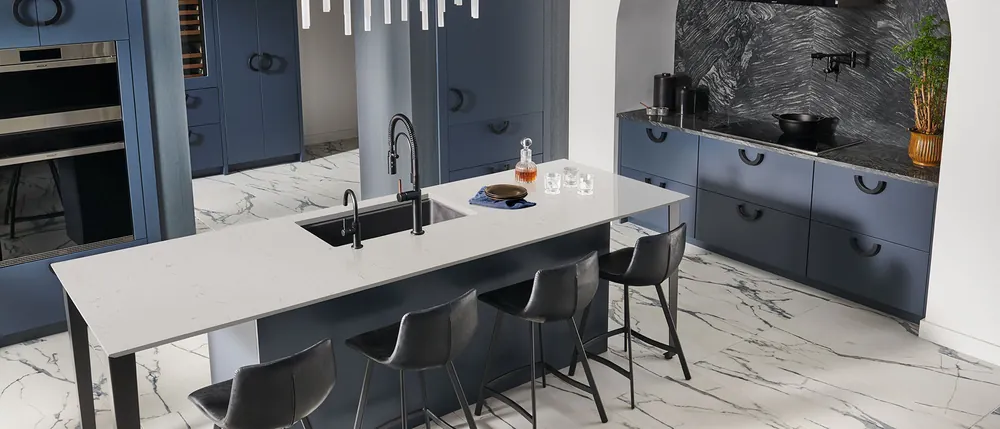 Carrara Trigato MSI quartz with brass hardware
