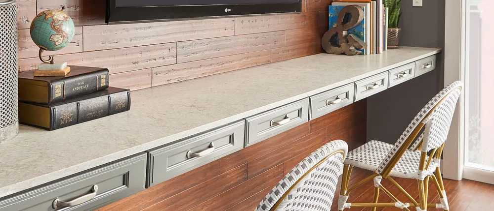 Gray Lagoon - Concrete Finish MSI quartz with brass hardware