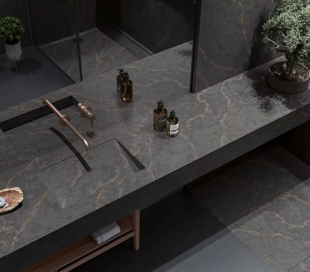 Bohemian Flame Silestone quartz with brass hardware