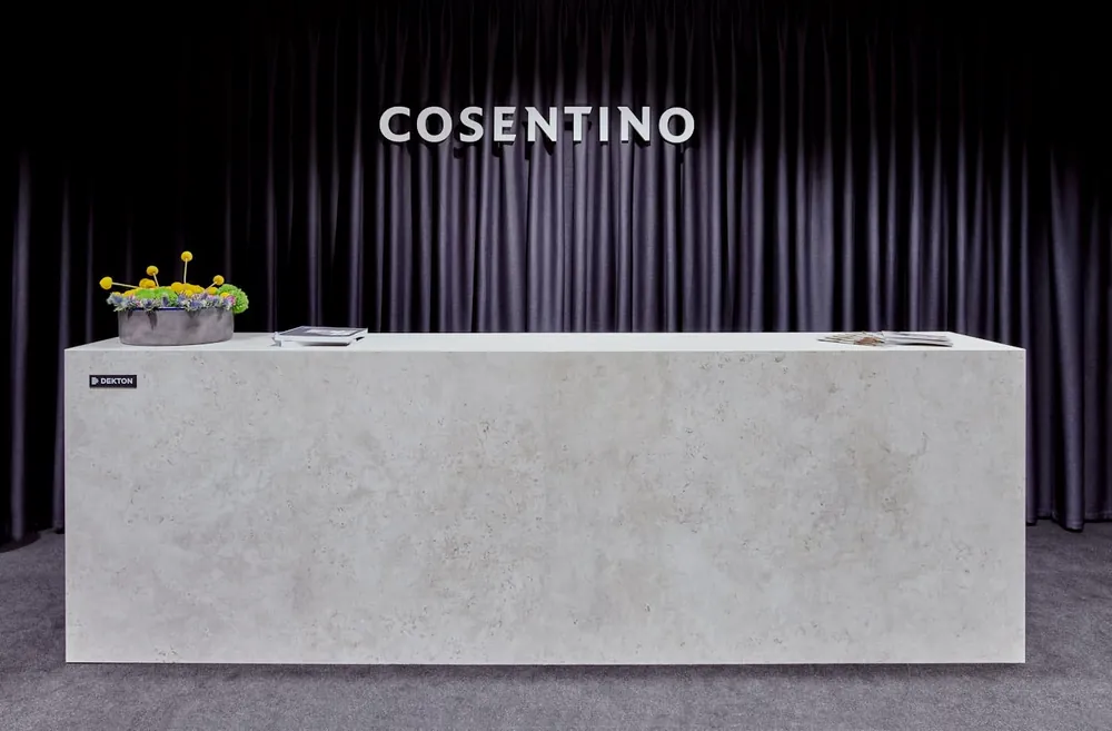 Cinder Craze Silestone quartz with brass hardware