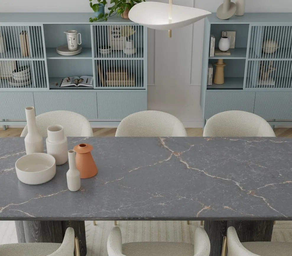 Parisien Bleu Silestone quartz with brass hardware