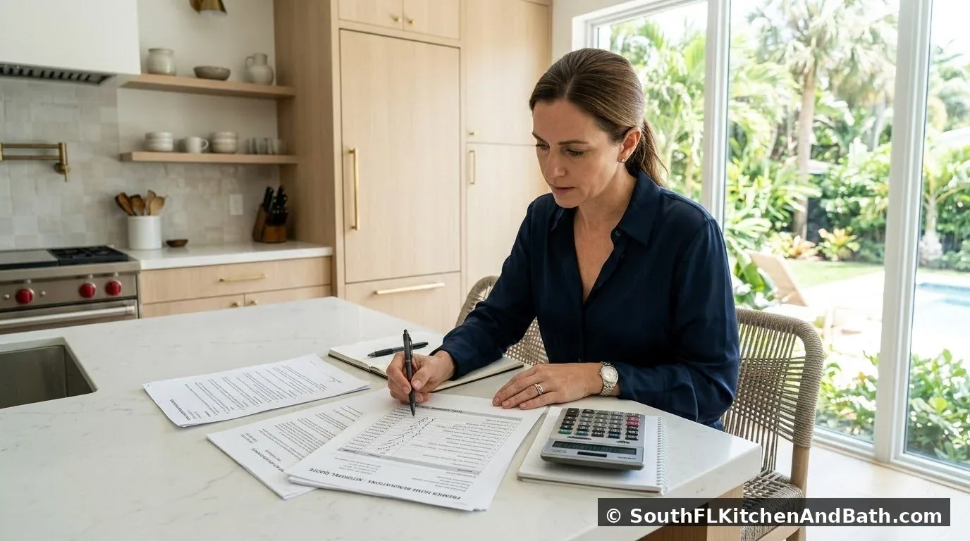Palm Beach County homeowner reviewing kitchen remodel contractor quote and estimate documents