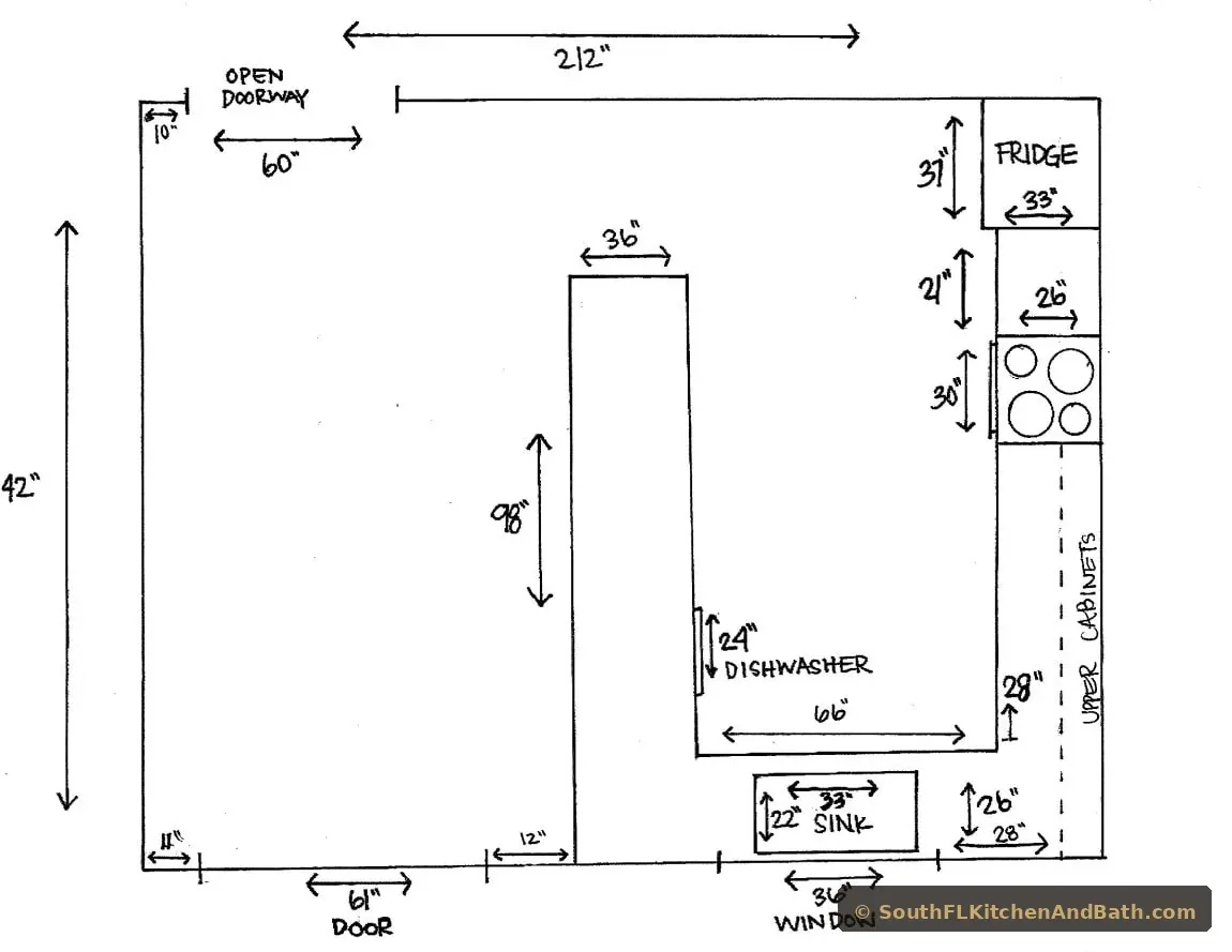 Kitchen floor plan measurement diagram example for Palm Beach County remodel — South Florida Kitchen and Bath Design