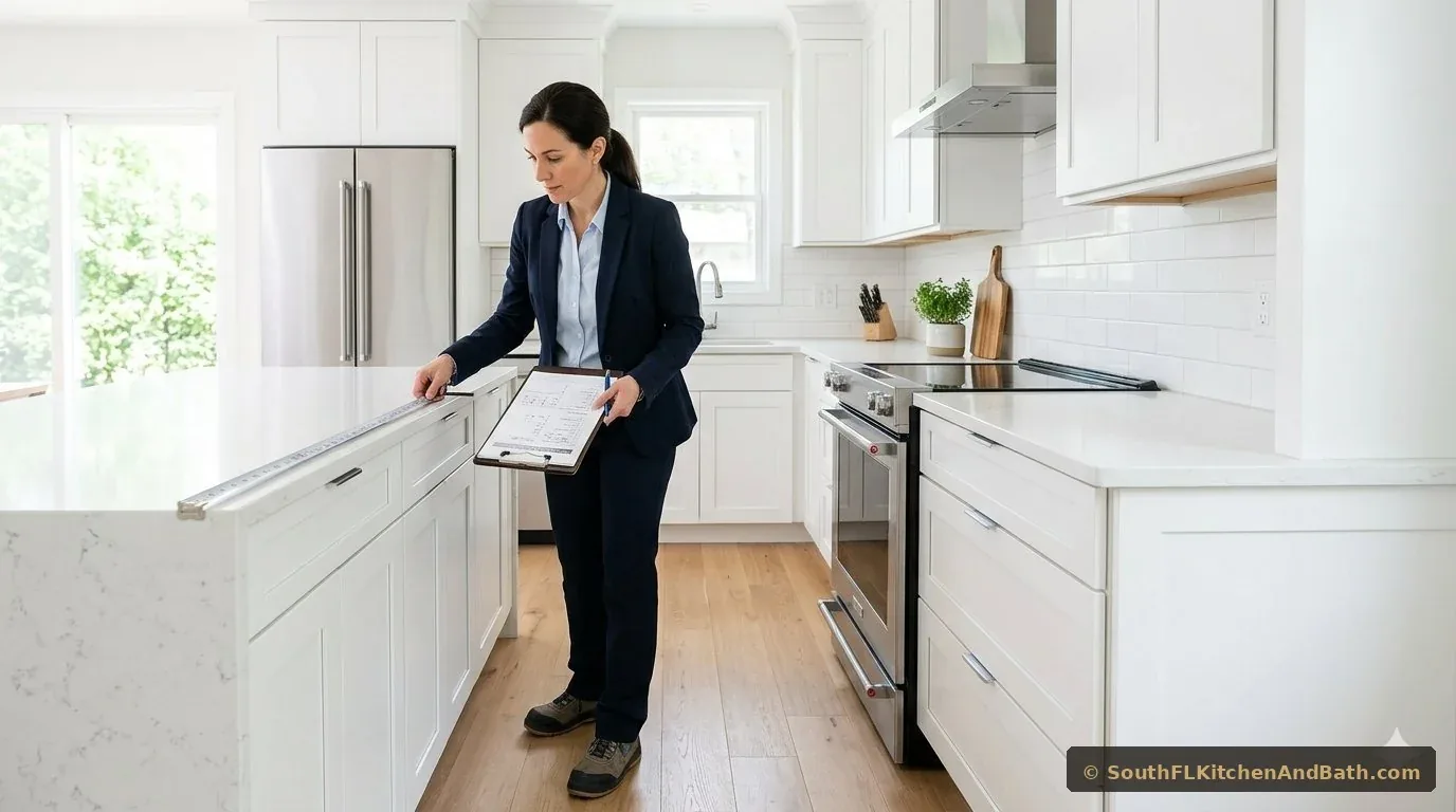 Professional measuring a kitchen for remodel in Palm Beach County — South Florida Kitchen and Bath Design