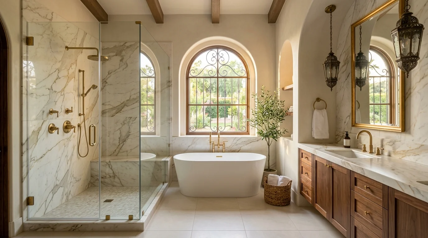 Boca Raton luxury bathroom remodel with frameless walk-in shower, freestanding tub, and floating wood vanity