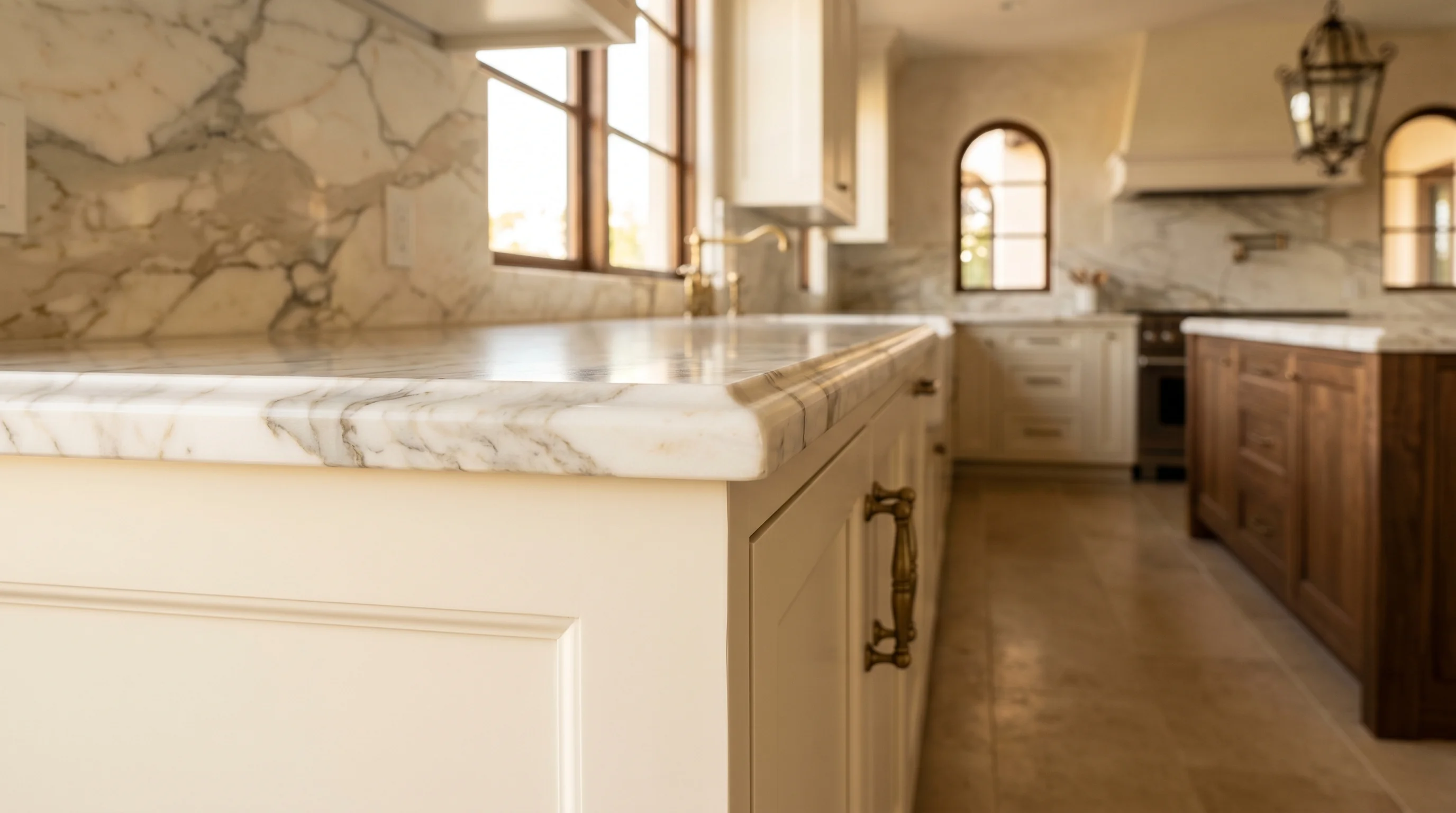 Riviera Beach luxury kitchen with marble waterfall island and brass pendants