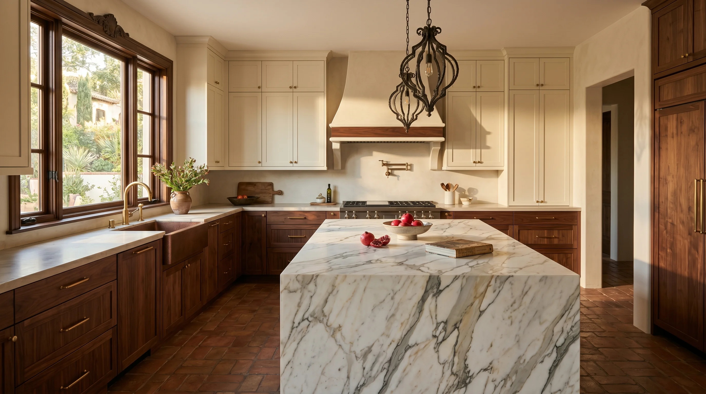Wide cinematic Riviera Beach kitchen with marble island and arched windows