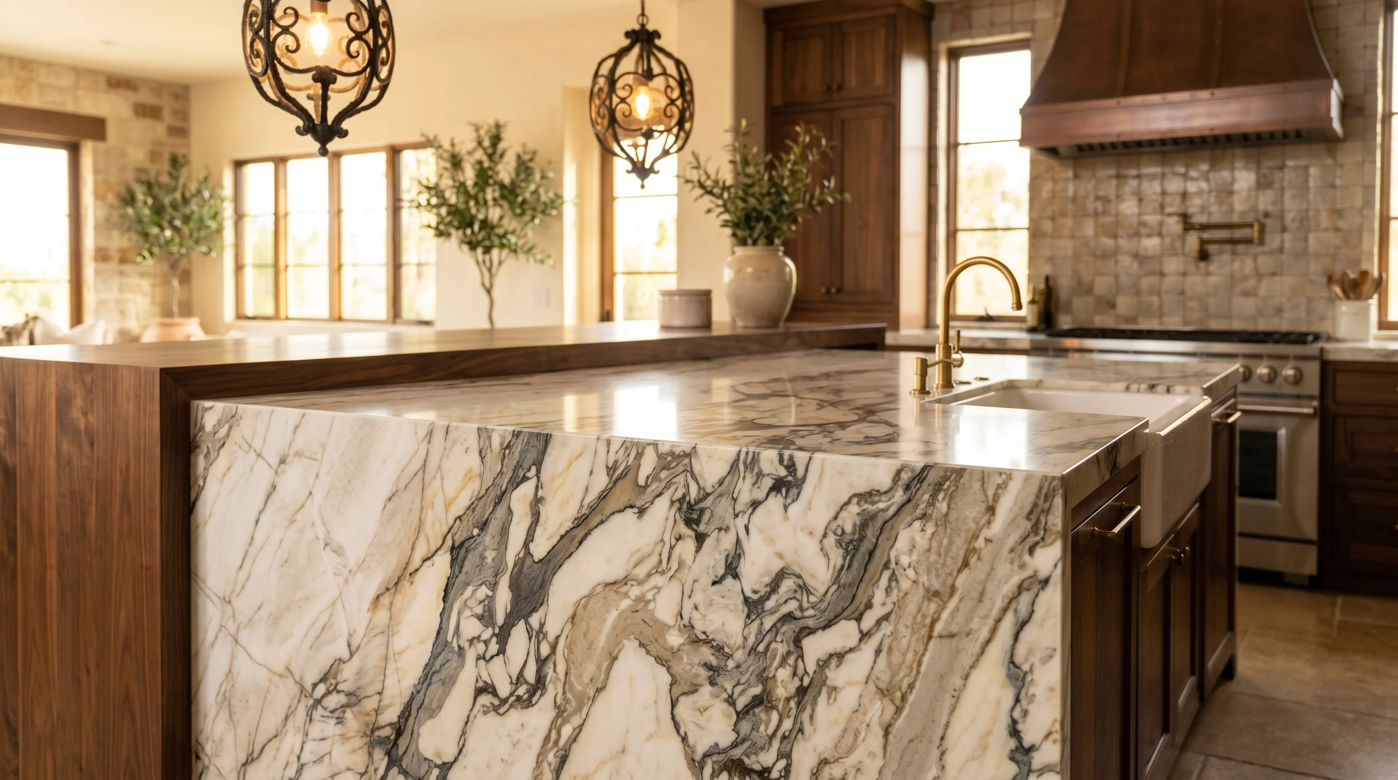 Close-up of warm wood Riviera Beach kitchen cabinetry and stone countertop detail
