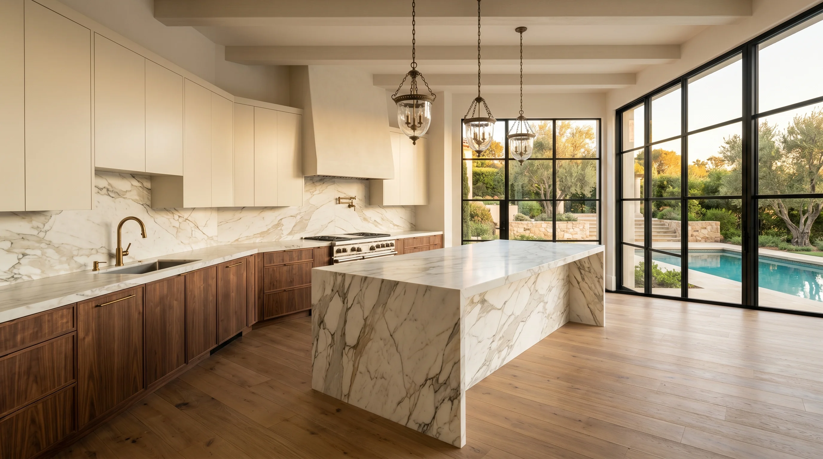 Ultra-wide Riviera Beach kitchen with marble waterfall island and pool deck view