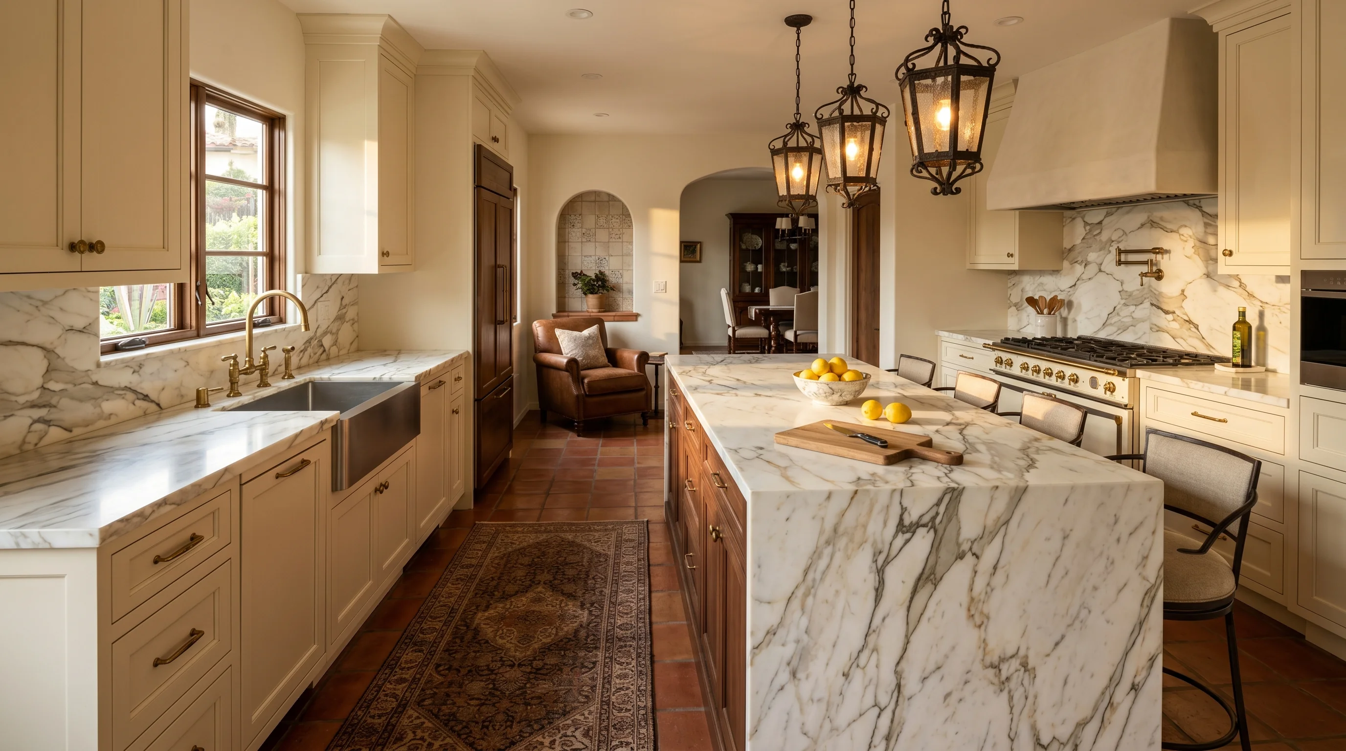 Riviera Beach gated-community kitchen with island and ornate brass pendant lighting